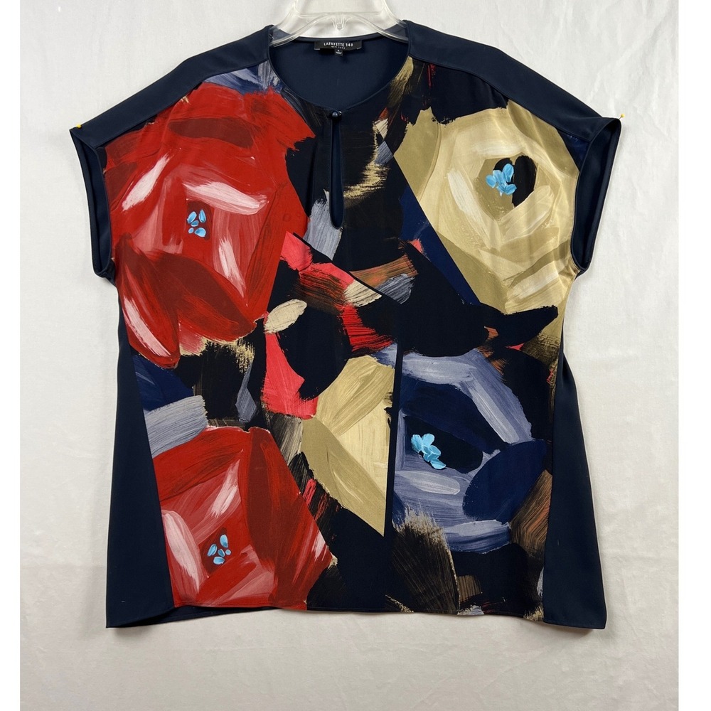 Lafayette 148 Blouse Women Large Navy Blue Abstract Floral Silk Keyhole Top